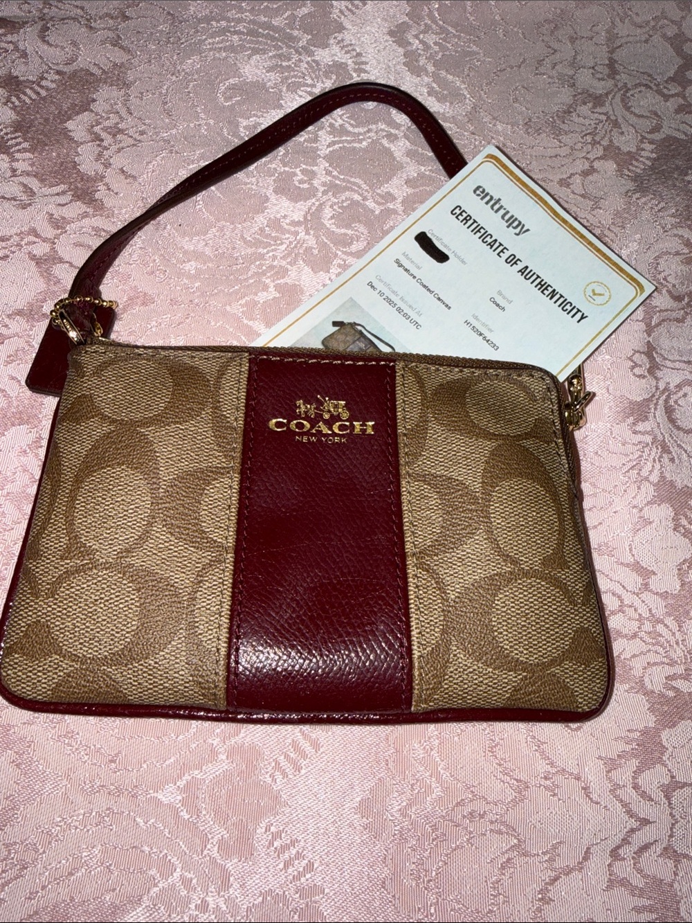 Coach Tan Signature Canvas Wristlet with Burgundy Leather Stripe